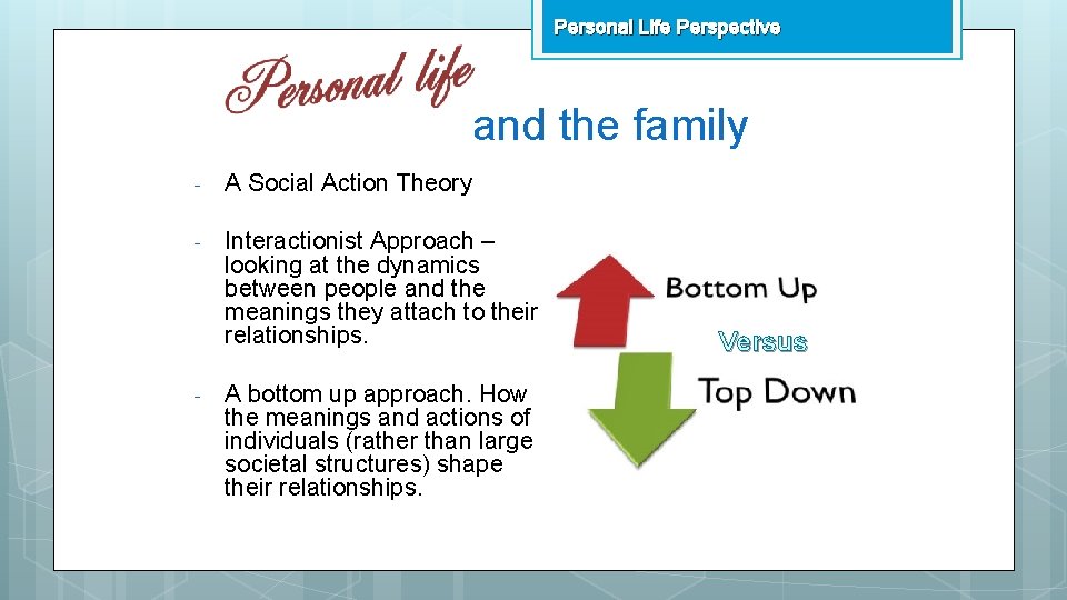 Personal Life Perspective and the family - A Social Action Theory - Interactionist Approach
