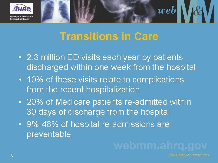 Transitions in Care • 2. 3 million ED visits each year by patients discharged