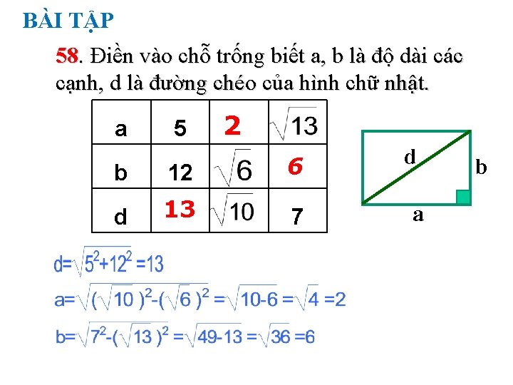 BÀI TẬP 58. Điền vào chỗ trống biết a, b là độ dài các