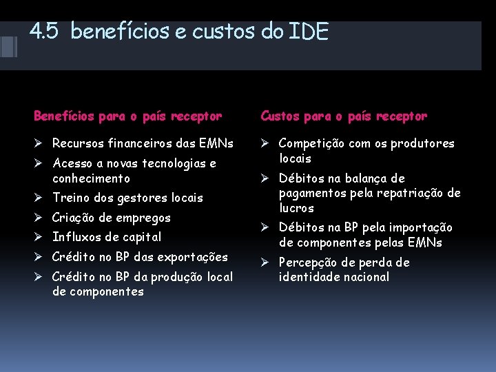 4. 5 benefícios e custos do IDE Benefícios para o país receptor Custos para