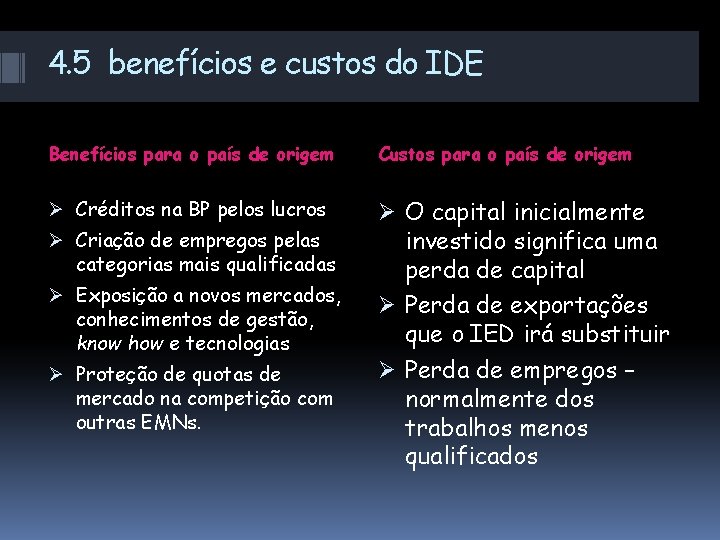 4. 5 benefícios e custos do IDE Benefícios para o país de origem Custos