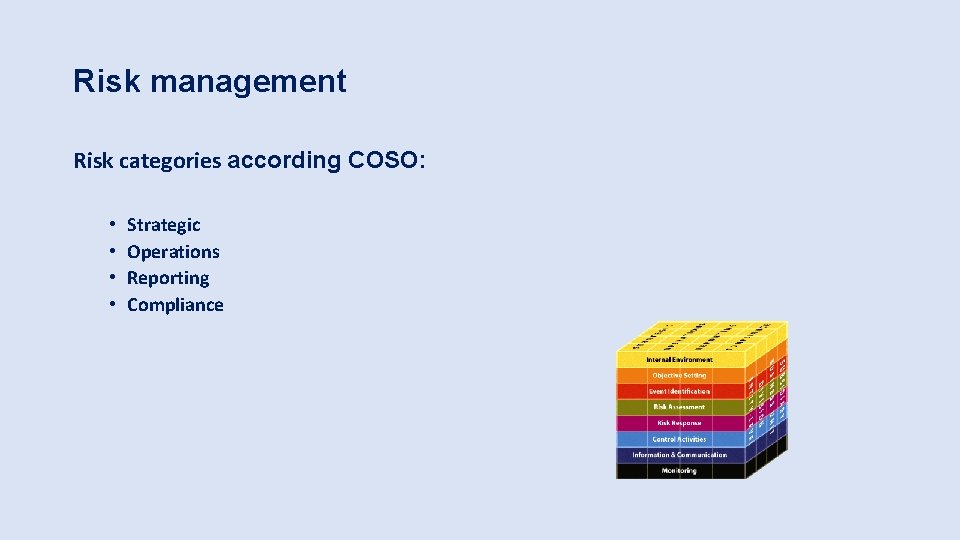 Risk management Risk categories according COSO: • • Strategic Operations Reporting Compliance 