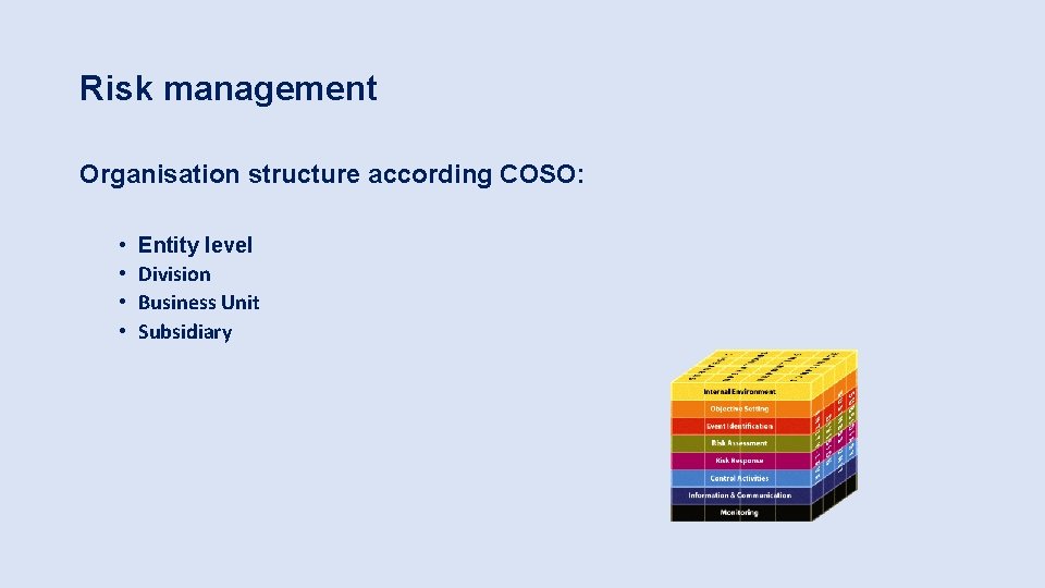 Risk management Organisation structure according COSO: • • Entity level Division Business Unit Subsidiary