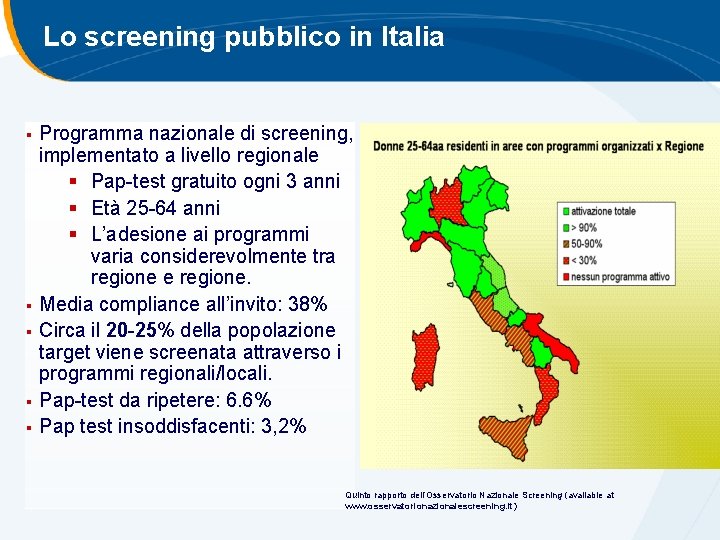 Lo screening pubblico in Italia § § § Programma nazionale di screening, implementato a