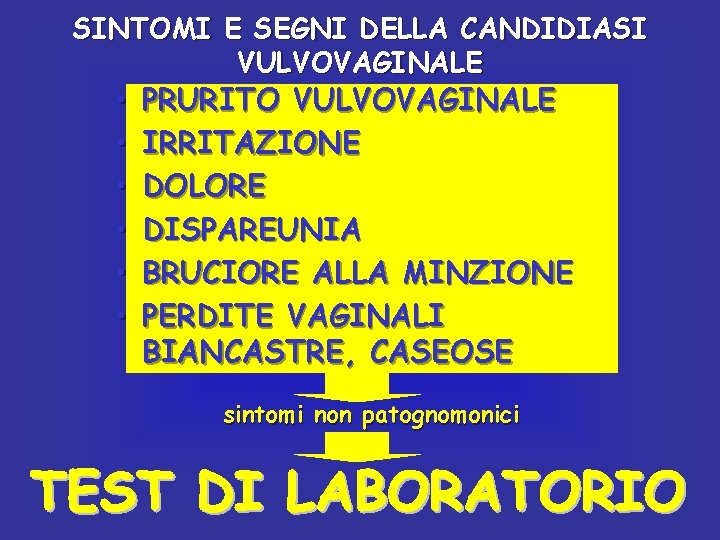 SINTOMI E SEGNI DELLA CANDIDIASI VULVOVAGINALE • • • PRURITO VULVOVAGINALE IRRITAZIONE DOLORE DISPAREUNIA