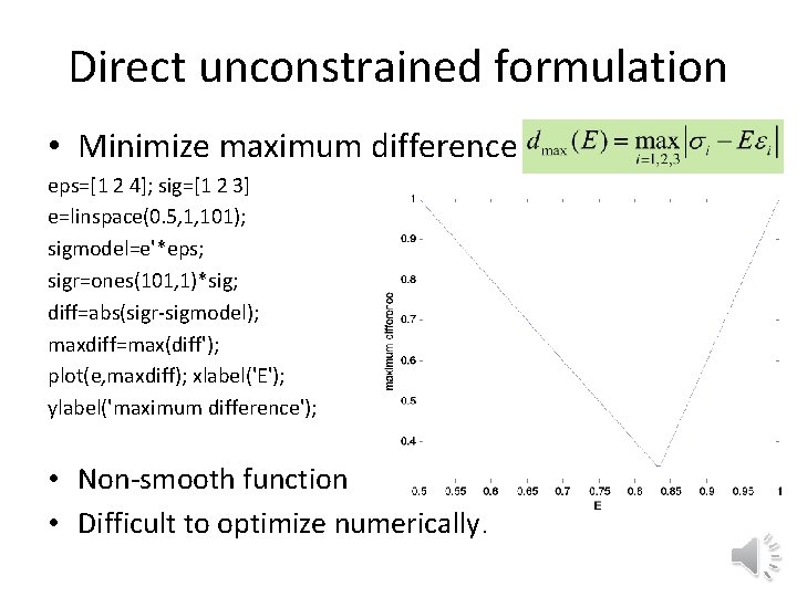 Direct unconstrained formulation • Minimize maximum difference eps=[1 2 4]; sig=[1 2 3] e=linspace(0.