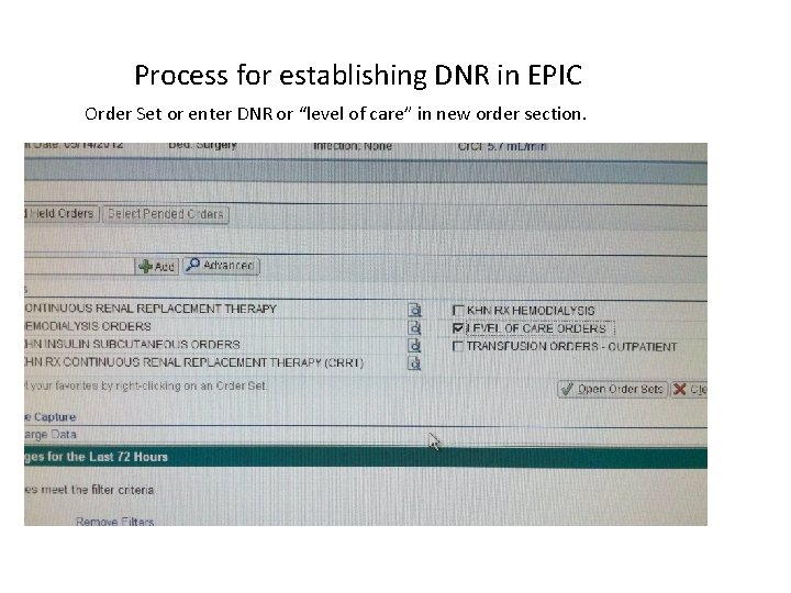 Process for establishing DNR in EPIC Order Set or enter DNR or “level of