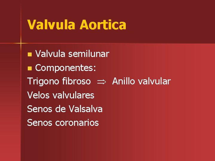 Valvula Aortica Valvula semilunar n Componentes: Trigono fibroso Anillo valvular Velos valvulares Senos de