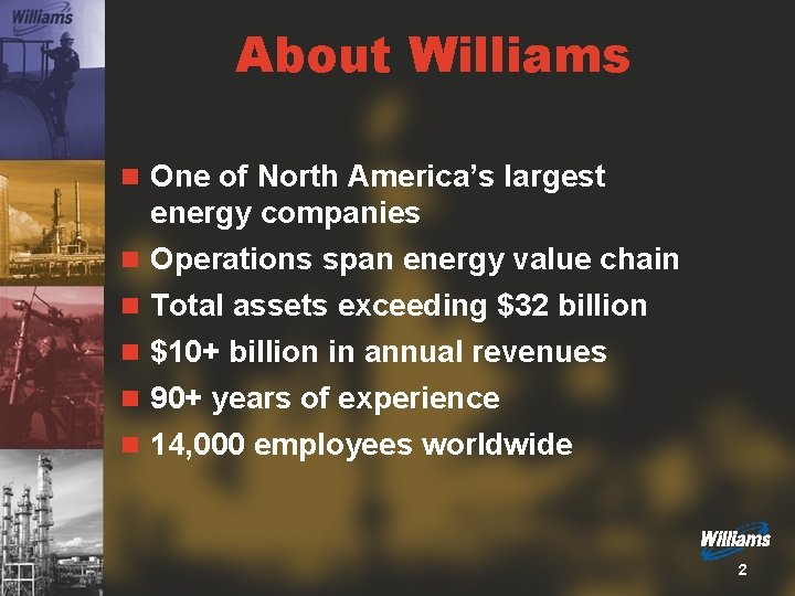 About Williams n One of North America’s largest energy companies n Operations span energy