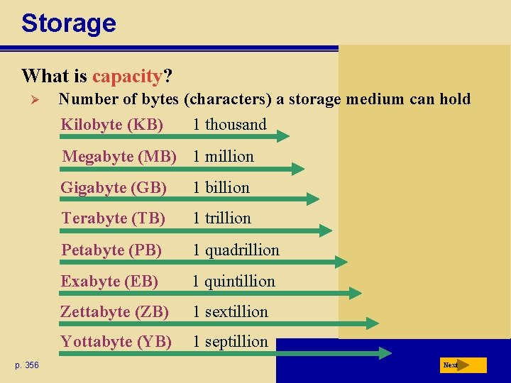 Storage What is capacity? Ø Number of bytes (characters) a storage medium can hold