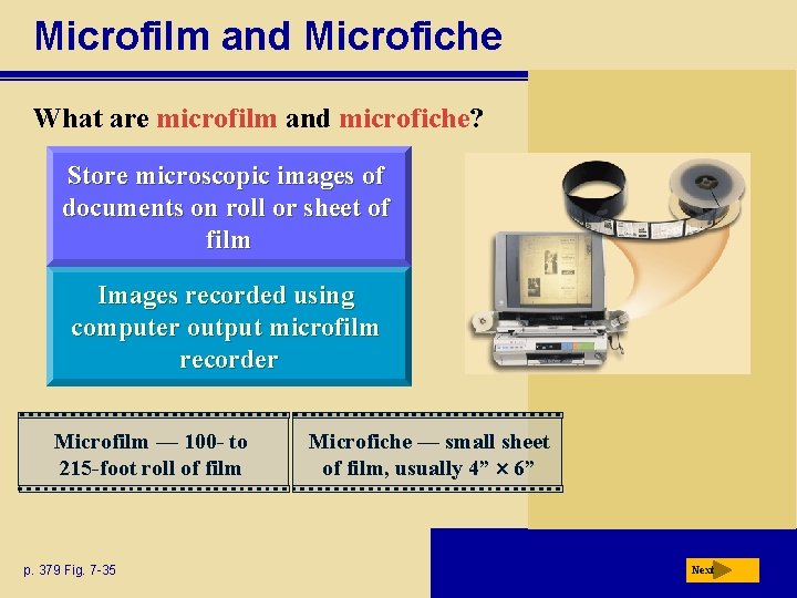 Microfilm and Microfiche What are microfilm and microfiche? Store microscopic images of documents on