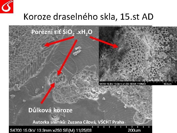 Koroze draselného skla, 15. st AD Porézní síť Si. O 2. x. H 2