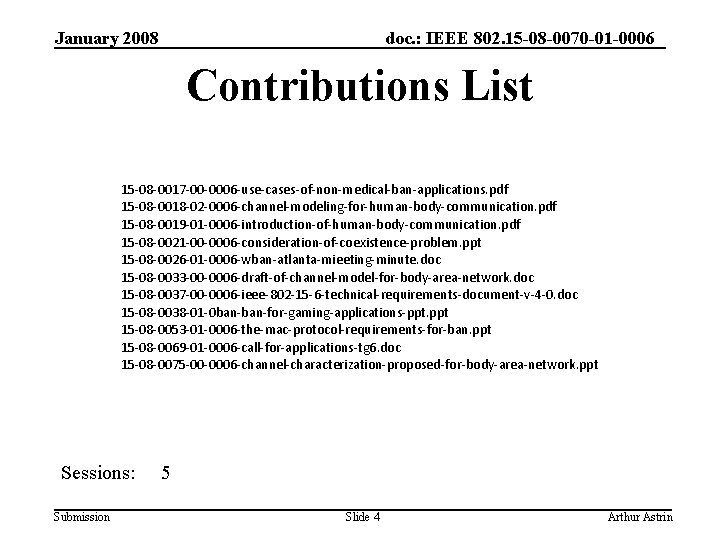 January 2008 doc. : IEEE 802. 15 -08 -0070 -01 -0006 Contributions List 15