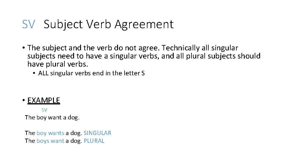 SV Subject Verb Agreement • The subject and the verb do not agree. Technically