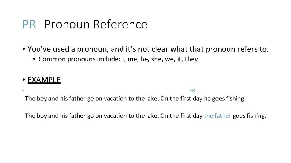 PR Pronoun Reference • You’ve used a pronoun, and it’s not clear what that