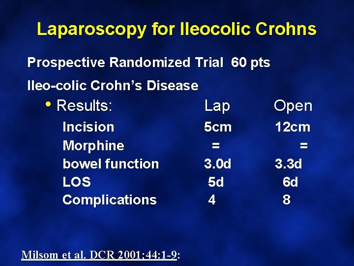Laparoscopy for Ileocolic Crohns Prospective Randomized Trial 60 pts Ileo-colic Crohn’s Disease • Results:
