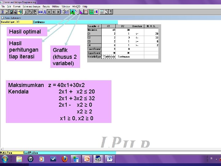 Hasil optimal Hasil perhitungan tiap iterasi Grafik (khusus 2 variabel) Maksimumkan z = 40