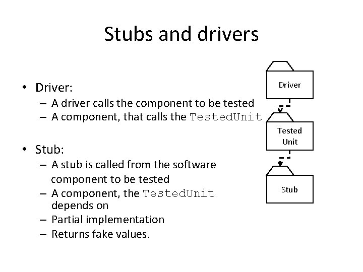 Stubs and drivers • Driver: Driver – A driver calls the component to be