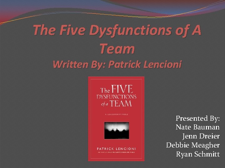 The Five Dysfunctions of A Team Written By: Patrick Lencioni Presented By: Nate Bauman