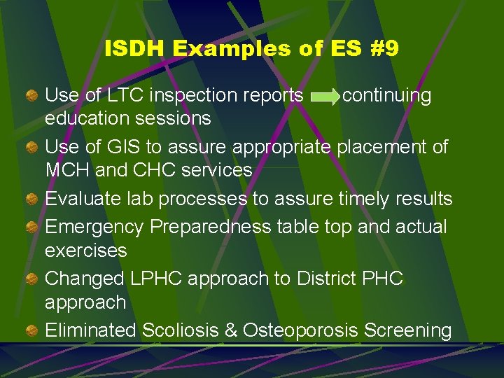 ISDH Examples of ES #9 Use of LTC inspection reports continuing education sessions Use