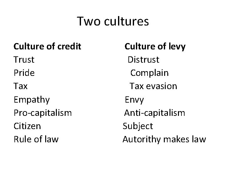 Two cultures Culture of credit Trust Pride Tax Empathy Pro-capitalism Citizen Rule of law