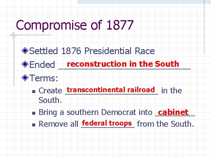 Compromise of 1877 Settled 1876 Presidential Race reconstruction in the South Ended _____________ Terms: