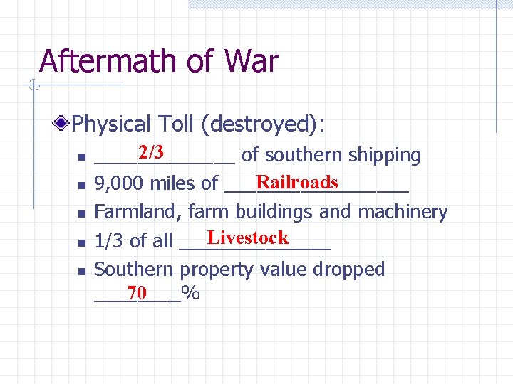 Aftermath of War Physical Toll (destroyed): n n n 2/3 _______ of southern shipping