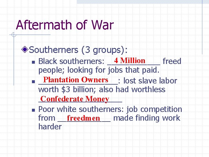 Aftermath of War Southerners (3 groups): n n n 4 Million Black southerners: ______