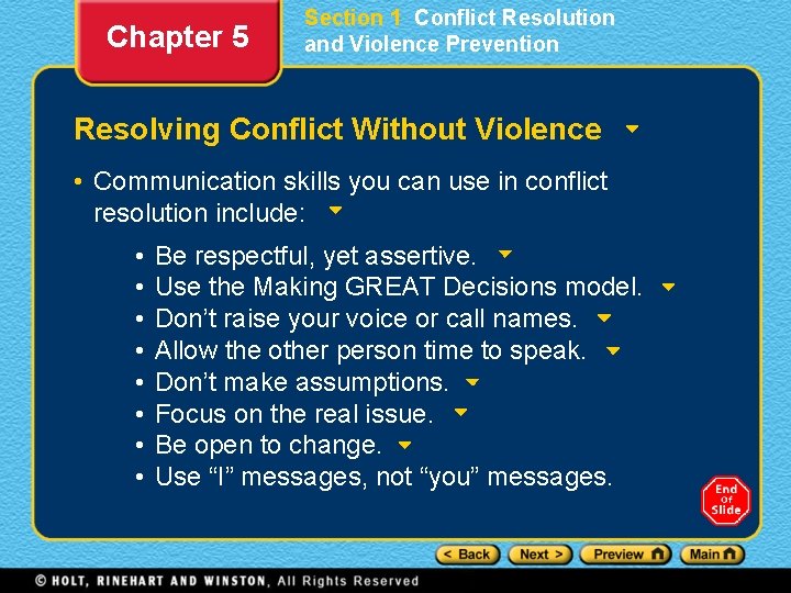 Chapter 5 Section 1 Conflict Resolution and Violence Prevention Resolving Conflict Without Violence •