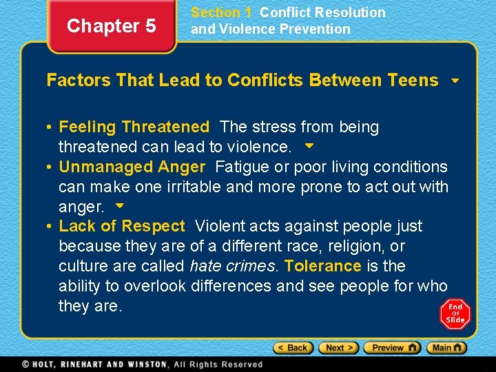 Chapter 5 Section 1 Conflict Resolution and Violence Prevention Factors That Lead to Conflicts