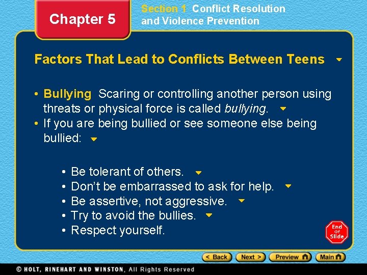 Chapter 5 Section 1 Conflict Resolution and Violence Prevention Factors That Lead to Conflicts