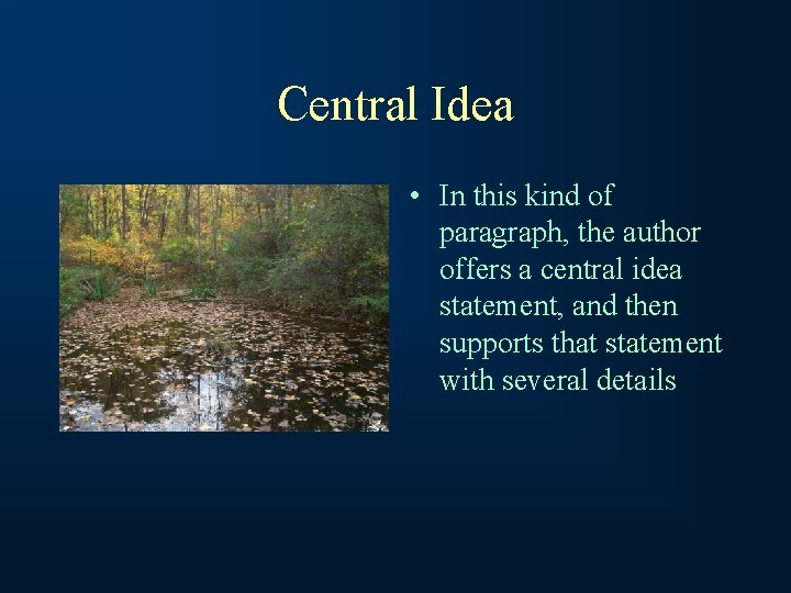 Central Idea • In this kind of paragraph, the author offers a central idea