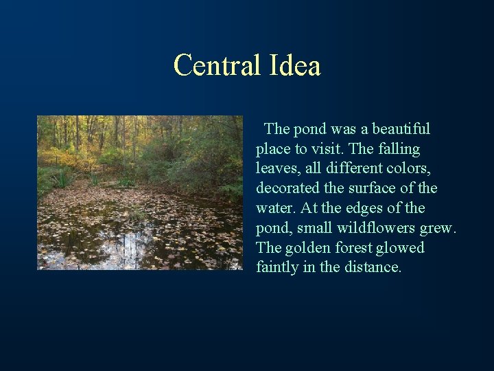 Central Idea The pond was a beautiful place to visit. The falling leaves, all