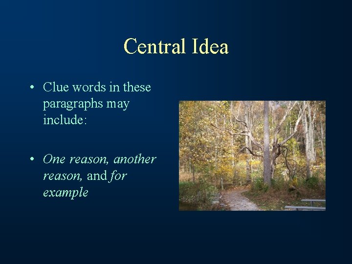 Central Idea • Clue words in these paragraphs may include: • One reason, another