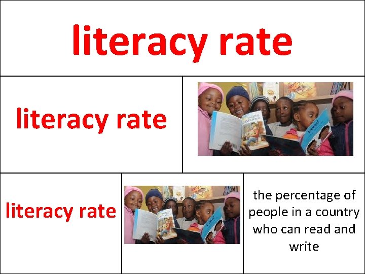 literacy rate the percentage of people in a country who can read and write