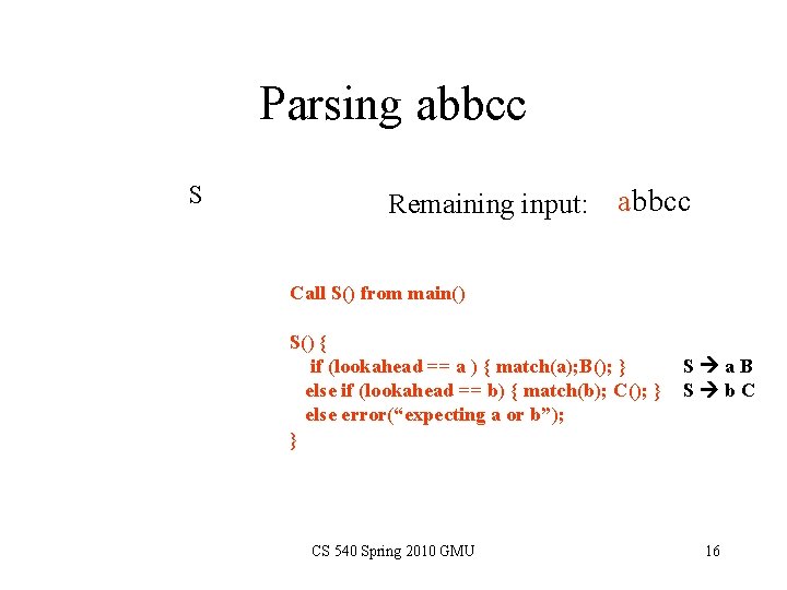 Parsing abbcc S Remaining input: abbcc Call S() from main() S() { if (lookahead