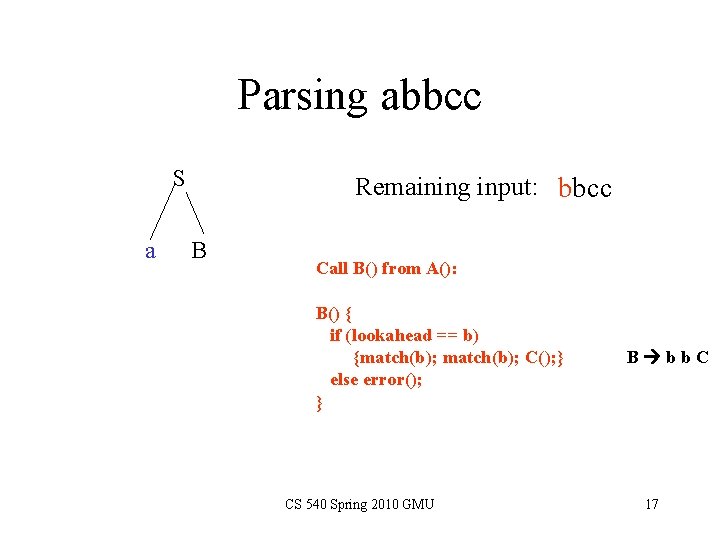 Parsing abbcc S a Remaining input: bbcc B Call B() from A(): B() {