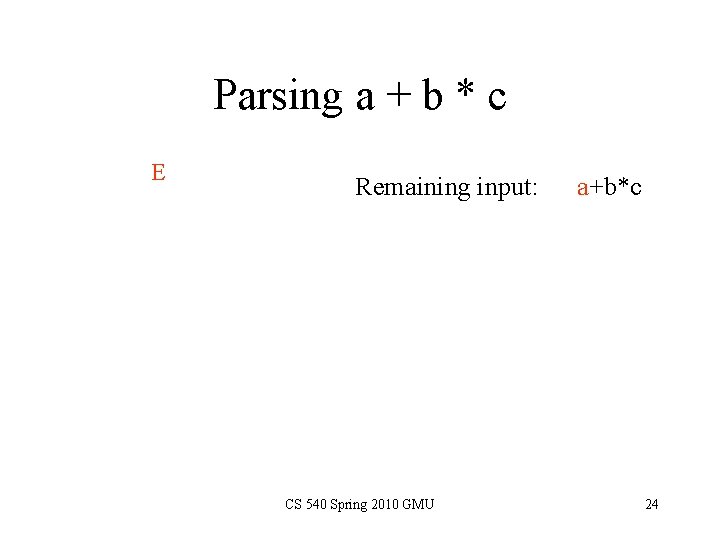 Parsing a + b * c E Remaining input: CS 540 Spring 2010 GMU