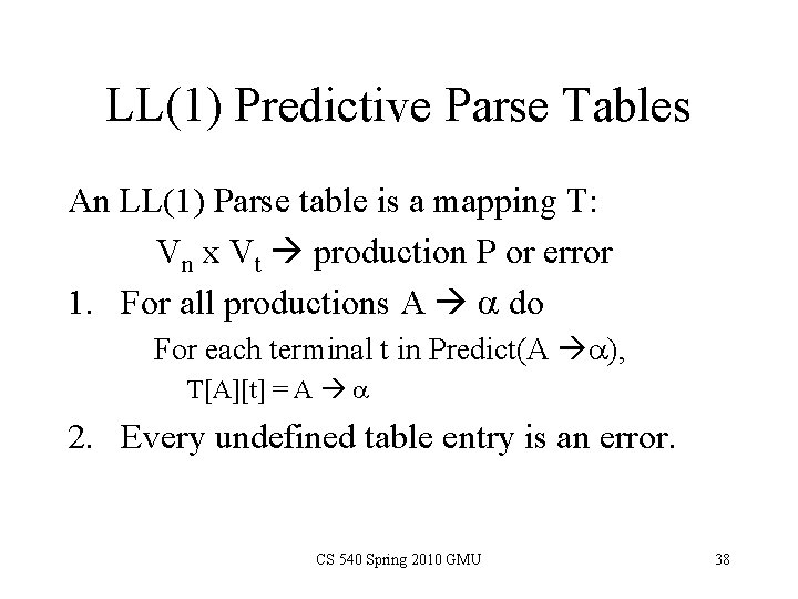 LL(1) Predictive Parse Tables An LL(1) Parse table is a mapping T: Vn x