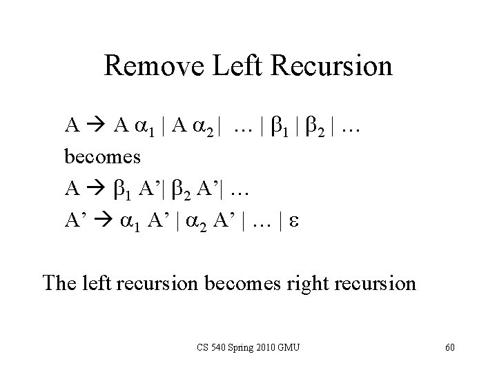 Remove Left Recursion A A a 1 | A a 2 | … |