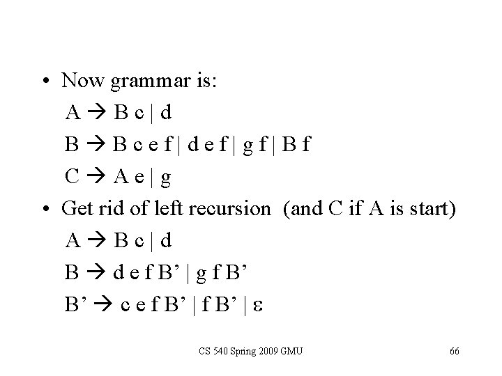  • Now grammar is: A Bc|d B Bcef|def|gf|Bf C Ae|g • Get rid