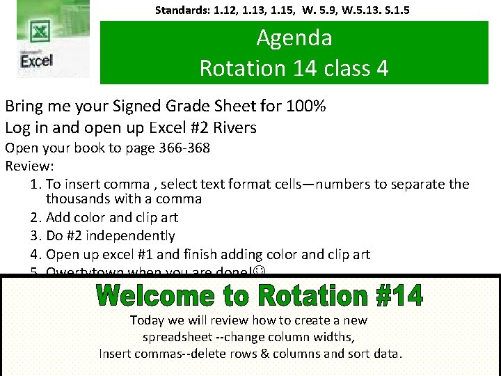 Standards: 1. 12, 1. 13, 1. 15, W. 5. 9, W. 5. 13. S.