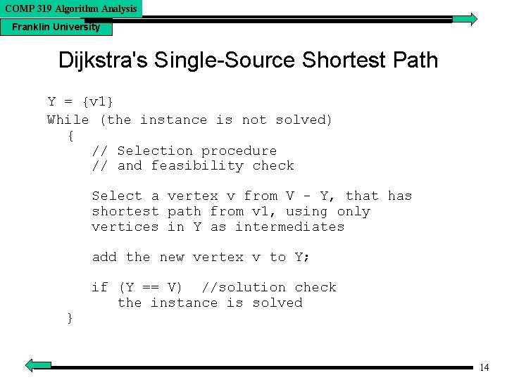 COMP 319 Algorithm Analysis Franklin University Dijkstra's Single-Source Shortest Path Y = {v 1}