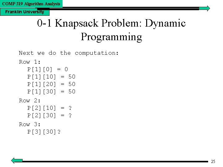 COMP 319 Algorithm Analysis Franklin University 0 -1 Knapsack Problem: Dynamic Programming Next we