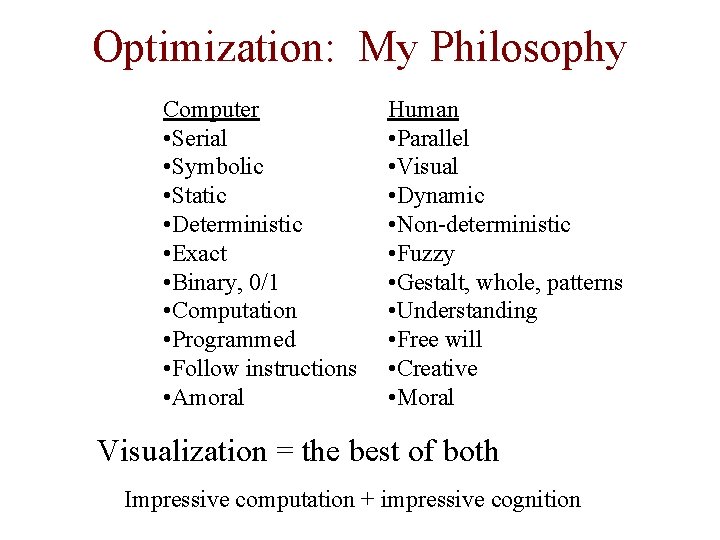 Optimization: My Philosophy Computer • Serial • Symbolic • Static • Deterministic • Exact