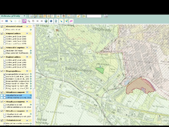 Současná vegetace • • • Mapomat Mapa potenciální vegetace Mapa současné vegetace Mapa chráněných