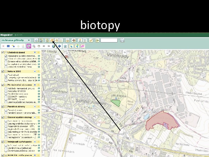 biotopy • • • Mapomat Mapa potenciální vegetace Mapa současné vegetace Mapa chráněných území