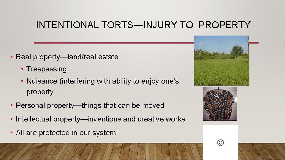 INTENTIONAL TORTS—INJURY TO PROPERTY • Real property—land/real estate • Trespassing • Nuisance (interfering with