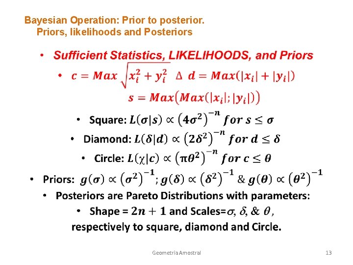 Bayesian Operation: Prior to posterior. Priors, likelihoods and Posteriors • Geometria Amostral 13 