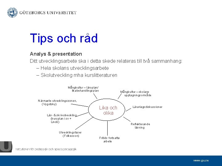 Tips och råd Analys & presentation Ditt utvecklingsarbete ska i detta skede relateras till